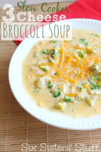 Slow Cooker 3 Cheese Broccoli Soup. Image from www.sixsistersstuff.com